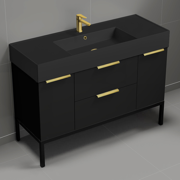 Bathroom Vanity Modern Black Bathroom Vanity, 48 Inch, Gold Handles, Free Standing Nameeks DERIN674